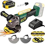 Brushless Cordless Angle Grinder 20V, POPOMAN 5 Inch 10000RPM Cordless Grinder, 4.0Ah Lithium-ion Battery & Fast Charger, 3-Position Auxiliary Handle, 5 x Cutting Wheel & Grinding Wheel, 2 x Guard