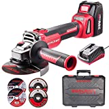 WORCRAFT Cordless Angle Grinder, Brushless Motor, 4-1/2' Disc, Two Speed, 20V 4.0Ah Li-ion Battery, Come with Toolbox, Charger and 4 Discs