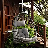 Brafab Wicker Rattan Hammock Egg Hanging Chair with Hanging Chain, Rusty Resistant Aluminum Frame and UV Resistant Cushion, Indoor Outdoor Bedroom Patio Porch Folding Camping Chair 350LBS Capacity