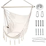 HBlife Hammock Chair, Max 330 Lbs, 2 Pillows Included, Beige Hanging Chair with Pocket and Macrame, Swing Rope Chair for Bedroom, Backyard and Deck