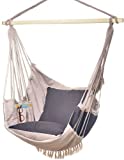 Bdecoru Hanging Hammock Chair Large Swing Chair | Sitting and Reclining Positions | 2-Layer Fabric for Extreme Durability | 2-Tone Beige and Gray Plus 2 Cushions and Side Pocket | Indoor/Outdoor Use