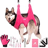 Bismarck Dog Grooming Hammock Kit, Pet/Cat Accesories Supplies, Lift Harness Hanging Sling, with Nail Clippers, Scissors, Glove, Comb, Bag, Large/Small Breeds (Large, Pink)