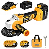 WORKSITE Cordless Angle Grinder, 4-Pole Motor, 4-1/2 Inch Cordless Grinder w/4.0A Battery & Fast Charger, 3-Position Adjustable Auxiliary Handle, Cutting Wheels, Grinding Wheels