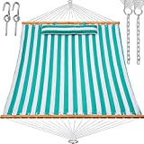 Y- STOP 13.2FT Hammock with Pillow, Quilted Fabric Hammock with Chains and Hooks for Outdoor, Indoor, Double Solid Wood, for Two Person, Max 440 Lbs, Beige (Green Stripes)