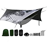 LAZZO Camping Hammock Set All-Inclusive,Double Hammock,Bug Net,Tarp,Suspension,Guyline,Stakes and Backpack,Perfect for Backpacking,Camping,Hiking & Yard (Olive, 10)