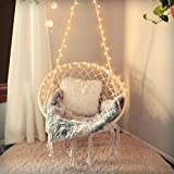 SURPCOS Round Hammock Chair Swing with Two LED Lights, Upgraded Max 550LBs Macrame Swing for Indoor and Outdoor Use, Hanging Cotton Rope Macrame Hammock Chair Swing with Stainless Steel Hardware Kits