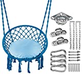 GREENSTELL Hammock Chair,Max 350 Lbs Macrame Swing with Cushion and Hanging Hardware Kits,Hanging Cotton Rope Swing Chair, Comfortable Hanging Chairs for Indoor, Outdoor, Home, Patio, Yard (Blue)
