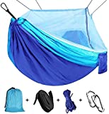 Single & Double Camping Hammock with Mosquito/Bug Net, Outdoor Portable Parachute Nylon Hammock with Tree Straps, Lightweight Backyard Hammock Survival Travel Bed 110' L x 59' W (Blue/Sky Blue)