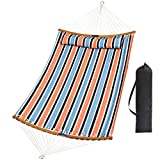 SUNLAX 12FT Double Quilted Hammock with Spreader Bar＆Detachable Pillow Outdoor Fabric Hammocks for Adults 450lbs Heavy Duty, Striped Orange