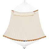 Patio Watcher 11 Feet Quilted Fabric Hammock with Curved-Bar Bamboo and Detachable Pillow, Double Hammock Perfect forOutside Outdoor Patio Yard Beach, White