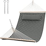 Lazcorner Double Hammock Quilted Fabric Swing with Spreader Bars and Detachable Pillow, 78.7' x 55' Large Hammock Bed, 2 Person Hammock for Outdoors Indoors, 450 LBS Weight Capacity, Gray