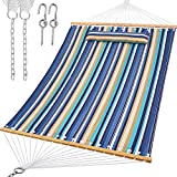 Y- STOP 13.2FT Hammock with Pillow, Quilted Fabric Hammock with Chains and Hooks for Outdoor, Indoor, Double Solid Wood, for Two Person, Max 440 Lbs, Beige (Beaches Stripe)