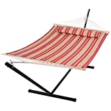 SUNCREAT Outdoor Hammock with Stand, Two Person Quilted Fabric Hammock Swing with 12ft Steel Stand, Red Stripes