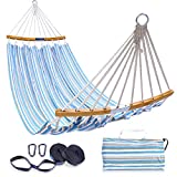 Double Hammock with Tree Straps Kit, Ohuhu Folding Curved-Bar Bamboo Hammock with Carrying Bag, Portable 2-Person Hammocks Swing for Patio Backyard Porch Camping Travel Indoor Outdoor Use