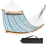 Double Hammock Swing Quilted Fabric, Ohuhu 2 Person 11 FT Portable Hammocks with Folding Bamboo Spreader Bar & Pillow, Large Hammock Bed for Indoor Outdoor, Tree Hammock for Yard Porch Garden Balcony