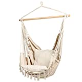 E EVERKING Hammock Chair, Hanging Rope Swing Seat for Indoor Outdoor, Soft Durable Cotton Canvas, 2 Cushions Included, Large Reading Chair with Pocket for Home, Bedroom, Patio, Porch (A-White)