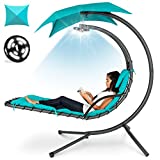 Best Choice Products Hanging LED-Lit Curved Chaise Lounge Chair Swing for Backyard, Patio, Lawn w/ 3 Light Settings, Weather-Resistant Pillow, Removable Canopy Shade, Steel Stand - Teal