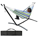 Double Hammock with Space Saving Steel Stand (450 lb Capacity - Premium Carry Bag Included) - for para Patio, Indoor and Outdoor (Blue/Green Stripes)