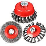 4 Inch Wire Wheel Brush Cup Brush Set, Coarse Crimped Twisted Knotted Cup Brush, 5/8 Inch-11 Threaded Arbor 0.002 Inch Carbon Steel for Angle Grinder, Heavy Cleaning Rust Stripping Abrasive (3)