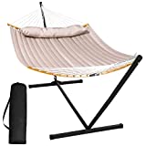 SUNCREAT 55 Inch Large Double Hammock with Stand, 450lbs Capacity, Outdoor Portable Hammock with Curved Spreader Bar, Extra Large Pillow, Tan