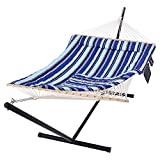 SUNCREAT Hammock Double Hammock with Stand, Two Person Cotton Rope Hammock, Blue Stripe