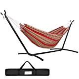 SUPER DEAL Portable 2-Person Brazilian Hammock with 9FT Steel Stand - Weather Resistant Double Hammock and Stand with Carrying Case, 620LBS Capacity, 6 Optional Hook Positions (Red Stripe)