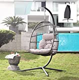 Patiorama Indoor Outdoor Egg Swing Chair with Stand, Patio Grey Wicker Rattan Hanging Chair with Rope Back, Cushion,Cover,All Weather Foldable Hammock Chair for Bedroom, Garden (Light Grey)
