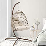 Egg Chair for Teens Swing with Stand Golden Indoor Outdoor 350lbs Capacity Hanging Rattan Hammock Chair with UV Resistant Cushion Collapsible Foldable Basket for Bedroom Balcony Patio Garden (Cream)