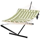 SUNCREAT Cotton Rope Hammock for Two People with Hardwood Spreader Bars, Quilted Fabric Pad & Detachable Pillow, Extra Large Hammock with 12 FT Steel Stand, Ipad Bag & Cup Holder, Green&Beige