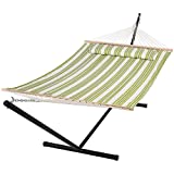 SUNCREAT Hammock with Stand 2 Person Heavy Duty, Freestanding Hammock with Spreader Bar, Soft Pillow, Green&Beige