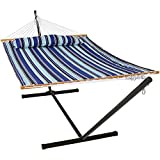 Sunnydaze Quilted Fabric Hammock Two Person with 12-Foot Stand and Spreader Bars, Freestanding Outdoor Heavy Duty 350 Pound Capacity, Catalina Beach