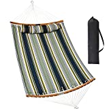 HENG FENG 11FT Quilted Fabric Double Hammock with Bamboo Spreader Bar,2 Person Hammock for Indoor Outdoor,Max 475lbs Capacity,Blue & Aqua