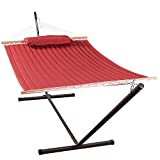 Harbourside 12 FT Outdoor Quilted Hammock with Stand Included, 2 Person Hammock with Heavy Duty Stand, Pillow and Spreader Bars, for Patio Poolside Garden Backyard Lawn, 450lbs Capacity (Red)