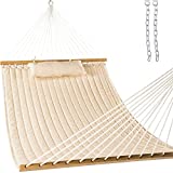 Lazy Daze Hammocks 12FT Quilted Fabric Double Hammock with Pillow, 2 Person Hammock with Spreader Bar for Outdoor Outside Patio Garden Yard Pool Beach (Linen)