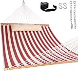 Harbourside Quilted Fabric Hammock,Double Hammock with Spreader Bar and Soft Pillow,2 People Hammock 450 LBS Weight Capacity,Red&White Stripe