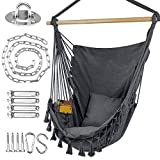 WBHome Extra Large Hammock Chair Swing with Hardware Kit, Hanging Macrame Chair Cotton Canvas, Include Carry Bag & Two Soft Seat Cushions, for Bedroom Indoor Outdoor, Max. Weight 330 Lbs (Grey)