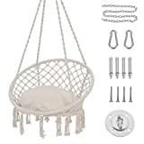Patio Watcher Hammock Chair Hanging Macrame Swing with Cushion and Hardware Kits, Max 330 Lbs, Handmade Knitted Mesh Rope Swing Chair for Indoor, Outdoor, Bedroom, Patio, Yard, Deck, Garden, Beige