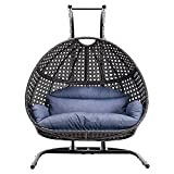 Double Egg Chair with Stand, 2 Person Heavy Duty Hanging Wicker Rattan Swinging Chair Basket Hammock Nest Chair for Indoor Outdoor Patio Lounger Swinging Loveseat Perfect for Balcony Garden (Blue)