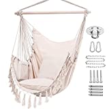 Y-STOP Hammock Chair Hanging Rope Swing, Max 330 Lbs, 2 Cushions Included, Large Macrame Hanging Chair with Pocket, Quality Cotton Weave for Superior Comfort, Durability, Beige