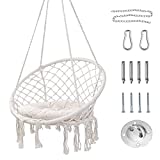 HBlife Hammock Chair, Hanging Swing with Macrame and Cushion, Max 330 Lbs, Beige Hanging Cotton Rope Chair for Indoor, Outdoor, Bedroom, Patio, Yard, Deck, Garden and Porch