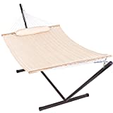 Lazy Daze Quilted Fabric Hammock with 12 Feet Stand, Double 2 Person Hammock with Pillow for Outdoor Outside Patio Garden Backyard, 450LB Capacity, Beige