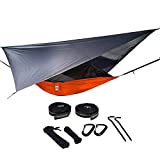 Oak Creek Camping Hammock and Accessories. Complete Package with Mosquito Bug Net, Rain Fly, Tree Straps. Great for Hiking, Backpacking, and Travel. Weighs Only 4 Pounds. Fire Orange and Gray.