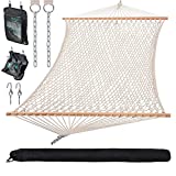 SUNCREAT Hammocks Cotton Rope Double Hammock with Hardwood Spreader Bar and Carrying Bag, 450 lbs Capacity, Natural
