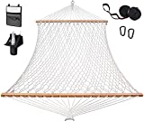 Cotton Rope Hammock with Tree Straps Kit, Ohuhu Double Hammocks for Outside with Wood Spreader, Bottle Holder & Side Pocket, All-in-One 2-Person Hammock for Indoor Outdoor, Garden Patio Yard Balcony