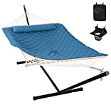Lazcorner Double Hammock with Stand, Cotton Rope Hammock with Detachable Pillow and Hammock Pad for Outdoors Indoors, 450 LBS Weight Capacity, Blue