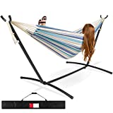 Best Choice Products 2-Person Double Hammock with Stand Set, Indoor Outdoor Brazilian-Style Cotton Bed for Backyard, Camping, Patio w/Carrying Bag, Steel Stand, 450lb Weight Capacity - Ocean