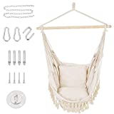 Patio Watcher Oversized Hammock Chair Hanging Rope Swing Seat with 2 Cushions and Hardware Kits, Perfect for Indoor, Outdoor, Home, Bedroom, Patio, Yard，Deck, Garden, Max 330 Lbs, Beige