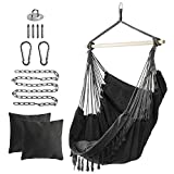 DOEWORKS Oversized Hammock Chair Hanging Rope Swing with 2 Cushions and Hardware Kit, Wooden Spreader Bar with Anti-Slip Rings, Large Macrame Hanging Chair with Pocket for Superior Comfort, Grey