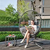Patiorama Indoor Outdoor Egg Swing Chair with Stand, Oversized Cocoon-Shaped Rope Woven Hanging Chair W/ Cushion, Safety Strap, Patio Wicker Foldable Hammock Chair for Bedroom, Porch,Garden (Grey)