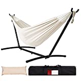 Lazy Daze Hammocks Double Cotton Hammock with Space Saving Steel Stand Includes Portable Carrying Bag and Head Pillow Brazilian-Style Hammock for Indoor Outdoor Patio 450 lbs Capacity, Natural